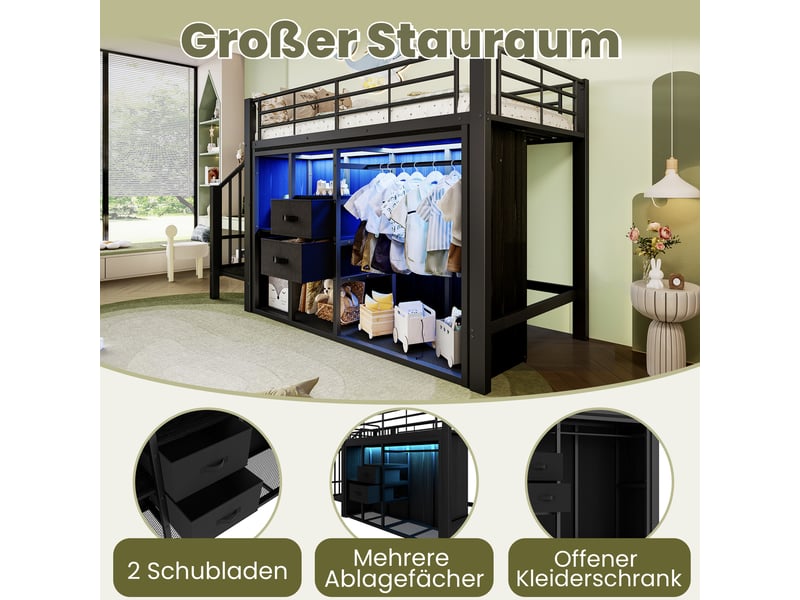 Lit mi-hauteur noir 90x200 cm en métal, 2 tiroirs, penderie ouverte, led multicolores et compartiments, sans matelas - Conforama D