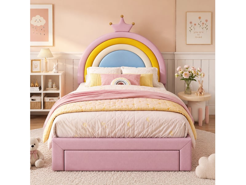Lit enfant 90x200 cm rose avec tiroir et tête de lit réglable, revêtement pu - Conforama D