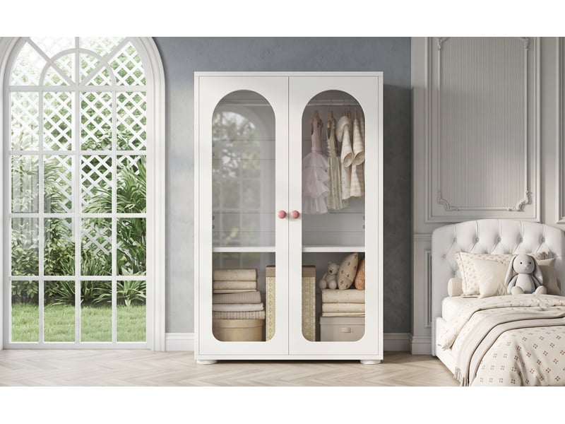  Lot de 2 armoires enfant à 2 portes, tringle et étagères réglables, poignées roses, pour chambre, 160 × 50 × 120 cm  - Conforama E
