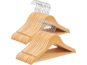 Cintre enfant en bois, lot de 20, avec barre de suspension, encoches, crochet rotatif à à 360°, longu 44.5 cm, coul naturelle + argent