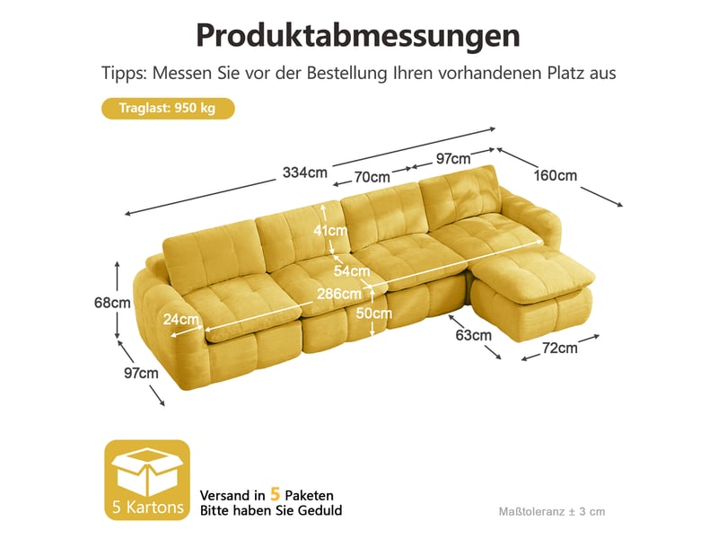  Canapé modulable 4 places modenvie en l avec 1 pouf, revêtement chenille jaune, 334 x 160 x 68 cm, sans montage  - Conforama C