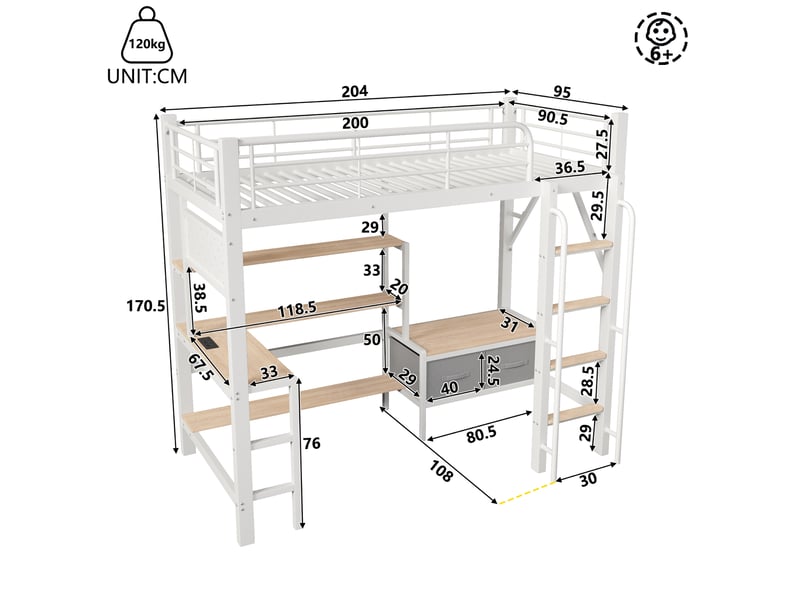  Lit mezzanine 90x200 cm avec bureau, rangements et led blanc  - Conforama C