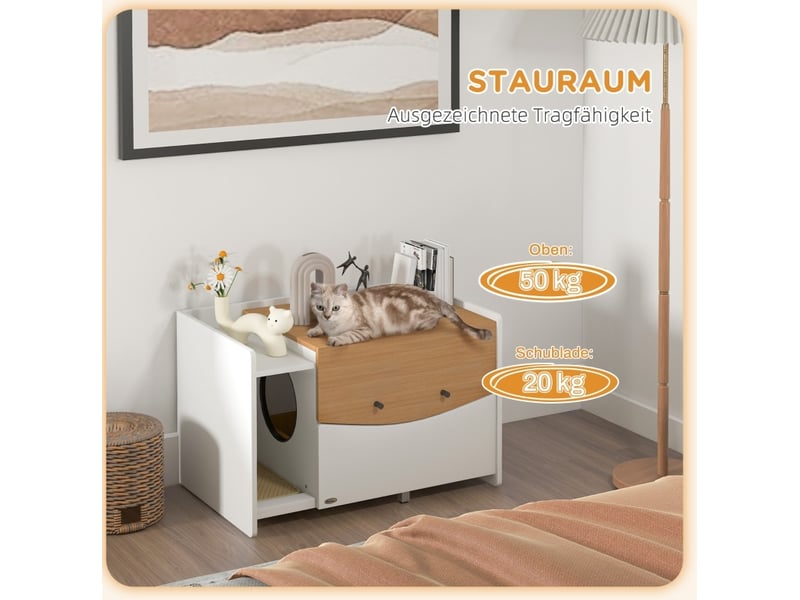 Meuble litière féline 78x50x51 cm – chêne et blanc – bac coulissant, tapis récupérateur et rangement - Conforama E