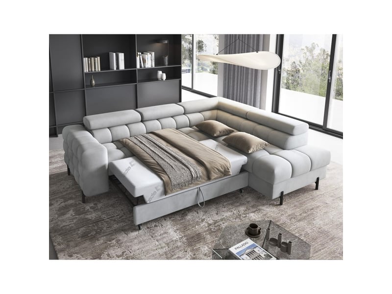  Canapé ferrum gris clair convertible 5 places angle droit pieds métal 276x93x200cm  - Conforama C