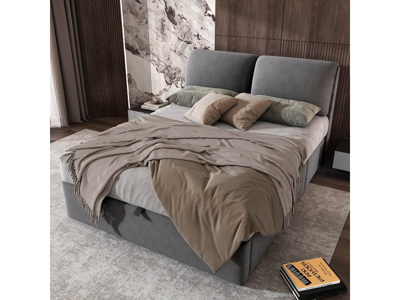  Lit coffre hydraulique 140 x 190 cm, lit double avec tête de lit rembourré et 3 tiroirs, velours gris  - Conforama B