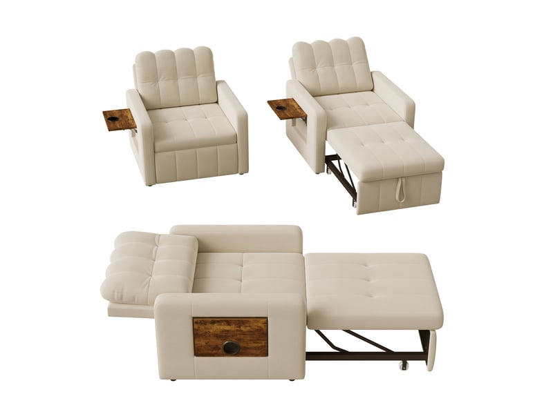  Fauteuil canapé-lit convertible 1-place - beige - 190 x 69 cm - en tissu chenille avec tablette en bois et chargeur usb intégré  - Conforama E