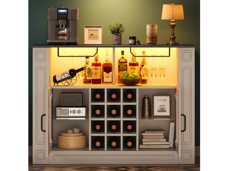  Buffet de cuisine 120x35x84 cm avec led rgb, porte-verres et casier 12 bouteilles blanc  - Conforama D