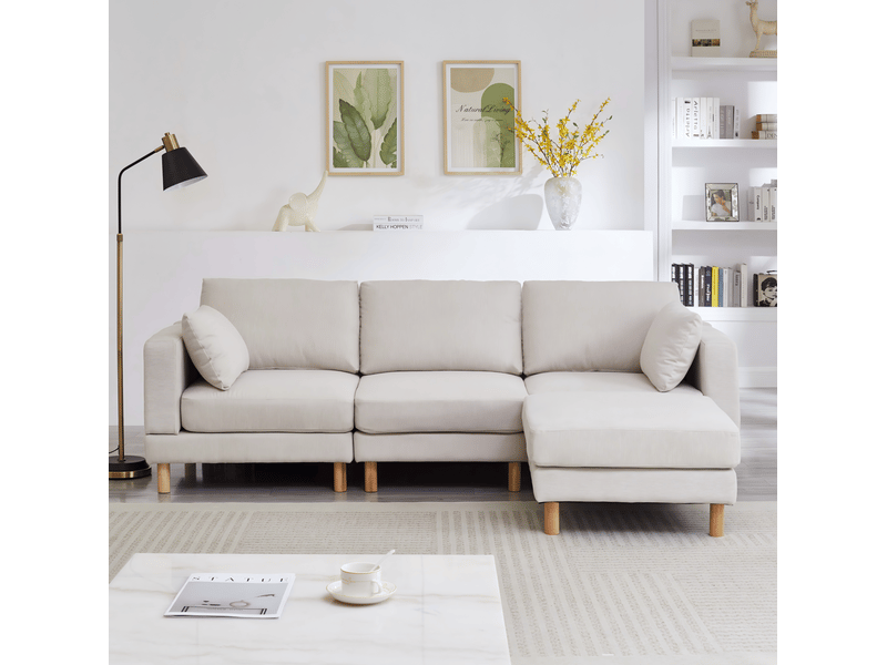  Canapé d’angle 3 places avec pouf réversible beige en polyester 235 x 152 x 82 cm  - Conforama B