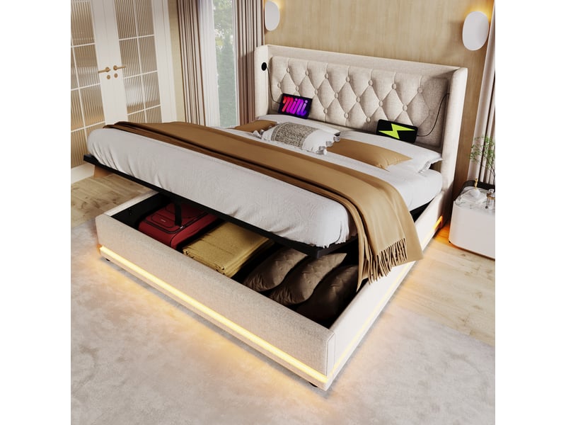 Lit polsteré en coton beige 160 x 200 cm - Conforama B