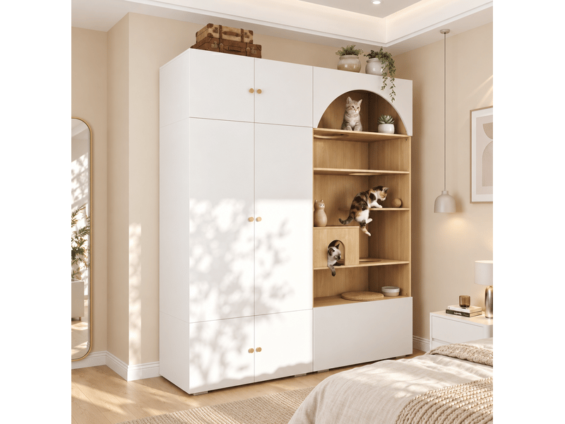  Armoire penderie 2-en-1 180 x 50 x 200 cm avec espace félin, blanc et aspect bois  - Conforama B