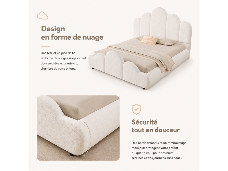 Lit enfant simple 140x200 cm avec tête de lit rembourrée, coins arrondis,boucle beige ABC - Conforama D