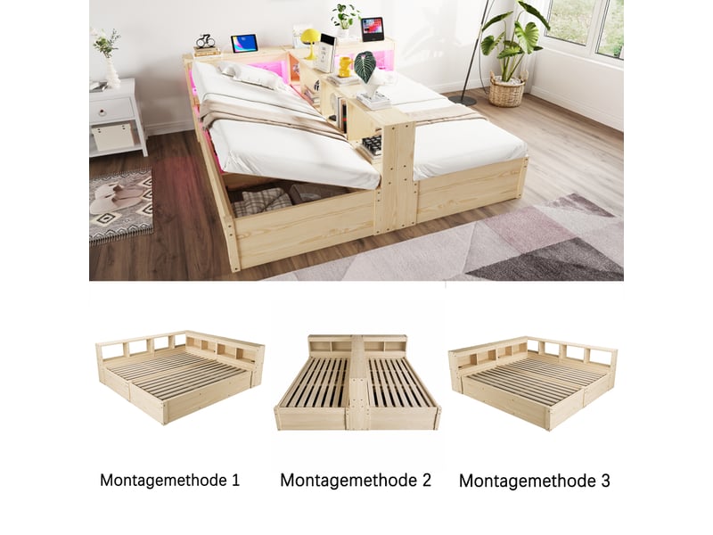  Canapé-lit 90180x200 cm, lit enfant, couchage d'appoint, rangement hydraulique, led, bois naturel, prise intégrée  - Conforama R