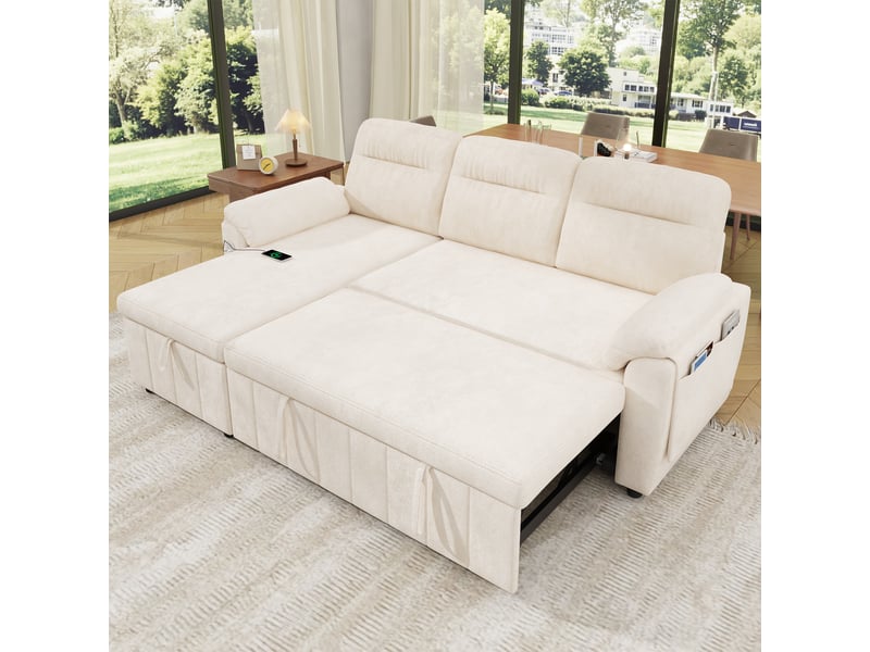  Canapé d'angle convertible 208x131x88cm avec méridienne réversible, couchage, coffre de rangement, usbtype-c, appuie-tête réglable, chenille-beige Bliss Lite - Conforama B