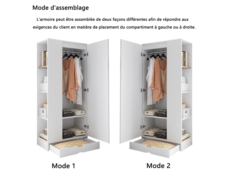  Armoire penderie 1 porte avec étagères et tiroirs blanc 70x40x170 cm LDT00308AAK - Conforama D