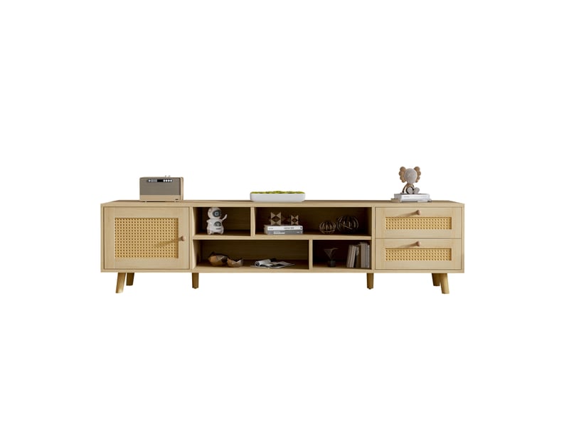  Meuble tv 160 cm en panneaux de particules et rotin, 2 tiroirs, chêne clair  - Conforama A