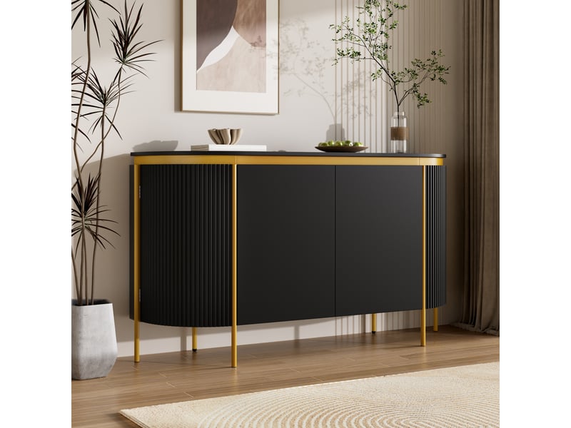 Buffet 4 portes 140x38x80cm ,façades rainurées, extrémités ovales, étagère et passe-câbles, mdf avec pieds métal,noir evarich - Conforama B