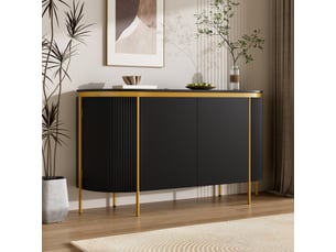 Buffet 4 portes 140x38x80cm ,façades rainurées, extrémités ovales, étagère et passe-câbles, mdf avec pieds métal,noir
