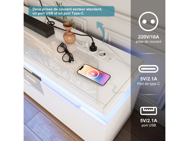  Meuble tv blanc brillant 180 cm avec led rgb et multiprise usb-c, grand rangement, pour tv jusqu’à 75 pouces  - Conforama W