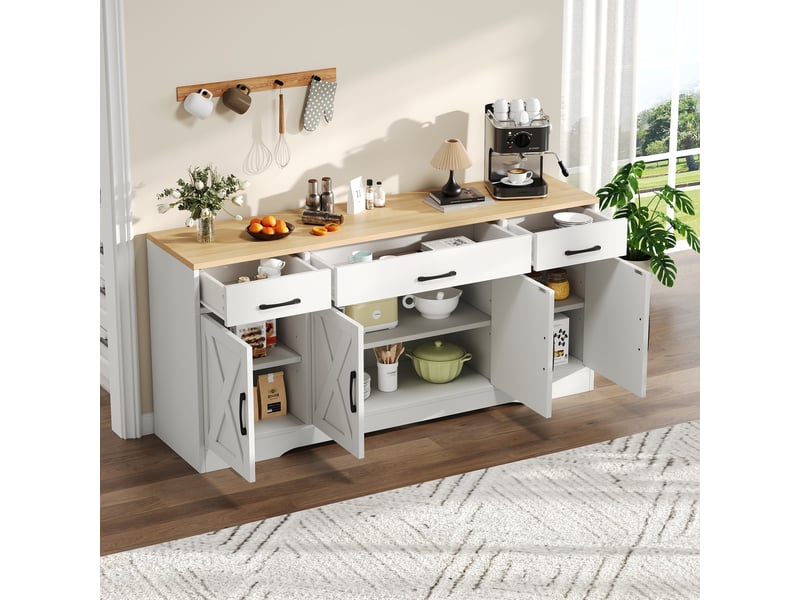  Buffet avec 3 tiroirs et 4 portes de rangement pour salon en mdf 160×37×75 cm blanc mat  - Conforama B