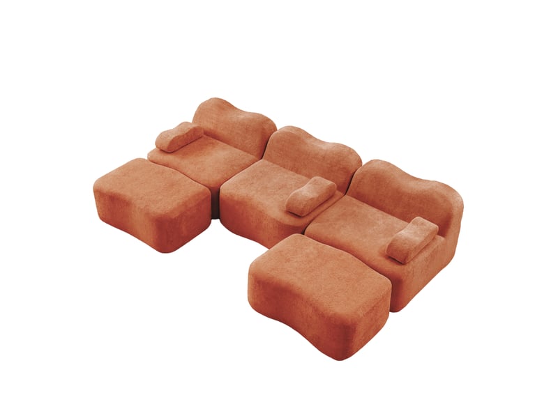  Canapé d'angle modulable 3 places en velours orange avec 2 poufs, forme u et assise profonde pour le salon  - Conforama A