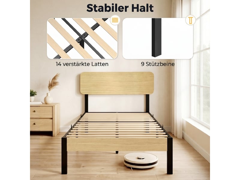  Lit plateforme 90x200 cm, lit enfant, métal bois naturel, rangement  - Conforama E