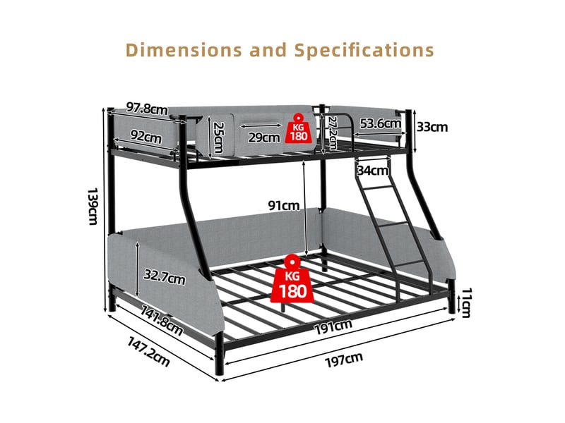  Lit superposé 90x190 cm haut 140x190 cm bas, poche amovible, échelle, fer et lin, noir et gris, sans matelas  - Conforama C