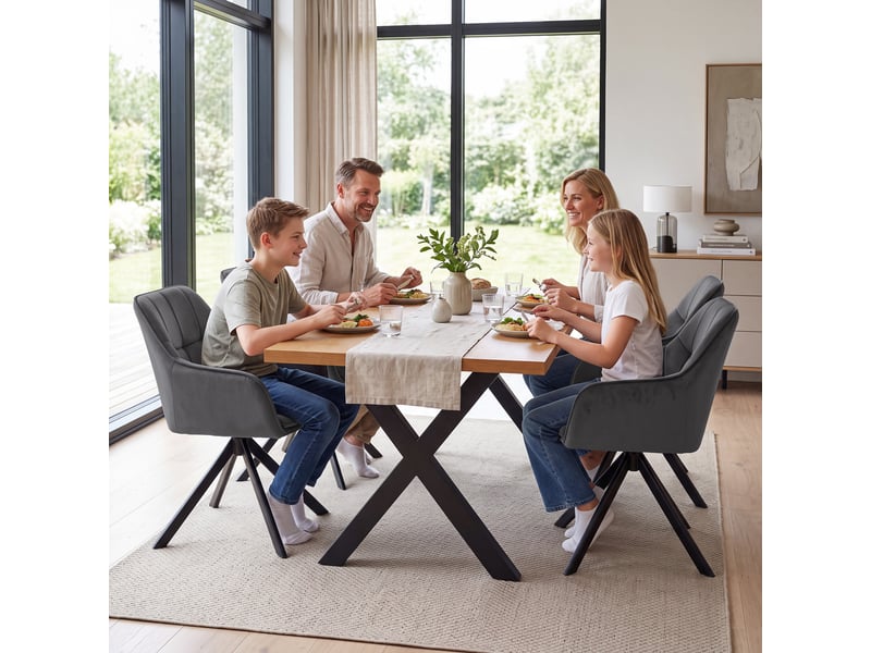  Ensemble table et 4 chaises - table rectangulaire 160x80 cm monobloc en chêne sauvage et pieds métal, 4 chaises en velours gris foncé et pieds métal  - Conforama W