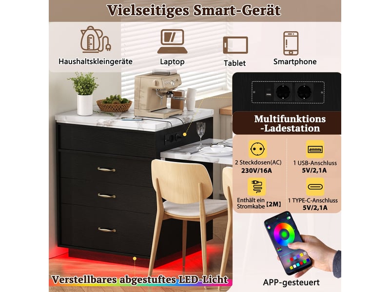  Îlot de cuisine table à manger extensible mobilité sur roulettes éclairage led multiprises intégrées usage multifonction finition noire  - Conforama E