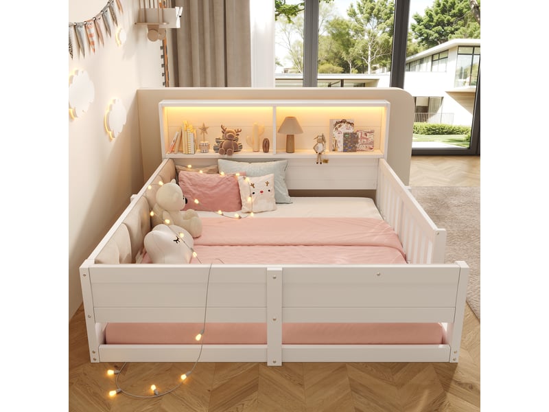  Lit enfant 140×200 cm avec barrières, dossier rembourré, rangements et led - okmyhome- blanc, sans matelas  - Conforama C