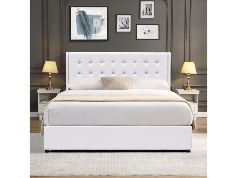 Lit coffre dehoussable blanc 120x190 cm - avec tete de lit capitonnee - 12 lattes - montage rapide et facile - entretien facile - lit de rangement  - Conforama E