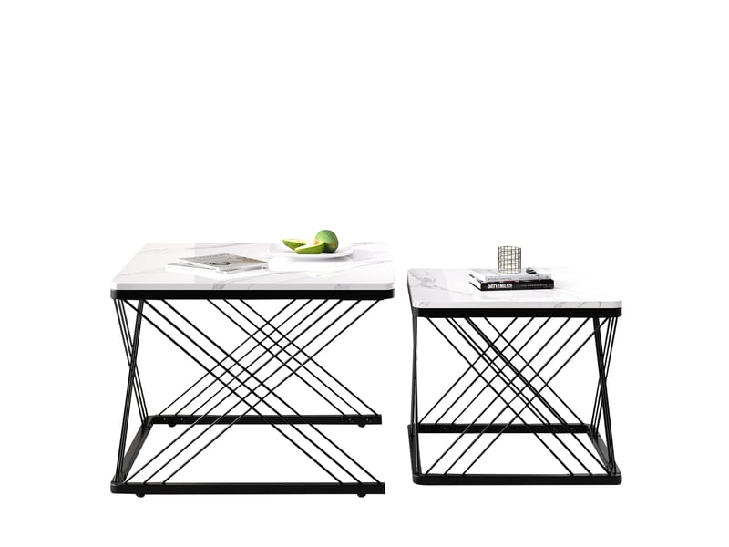 Tables basses gigognes carrées avec pieds réglables et finition marbre brillant, en mdf, blanc et noir pour salon  - Conforama A