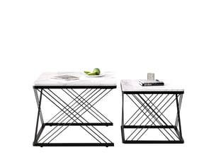 Tables basses gigognes carrées avec pieds réglables et finition marbre brillant, en mdf, blanc et noir pour salon
