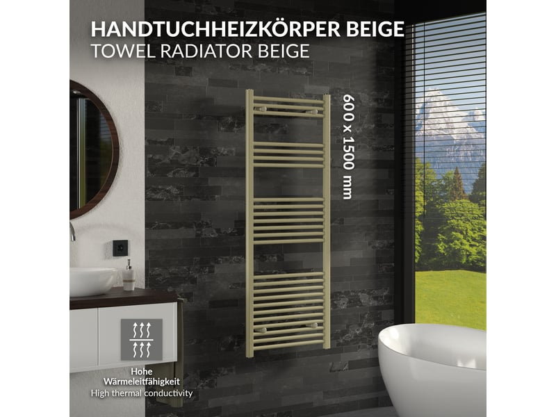 Luxebath sèche-serviettes design sahara 600 x 1500 mm, raccordement latéral, droit, haute conductivité thermique, radiateur mural porte-serviettes pour salle de bain, puissance 705 w, beige mat ECD Germany GmbH - Conforama B