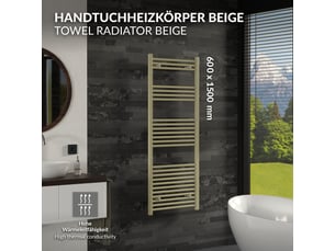 Luxebath sèche-serviettes design sahara 600 x 1500 mm, raccordement latéral, droit, haute conductivité thermique, radiateur mural porte-serviettes pour salle de bain, puissance 705 w, beige mat