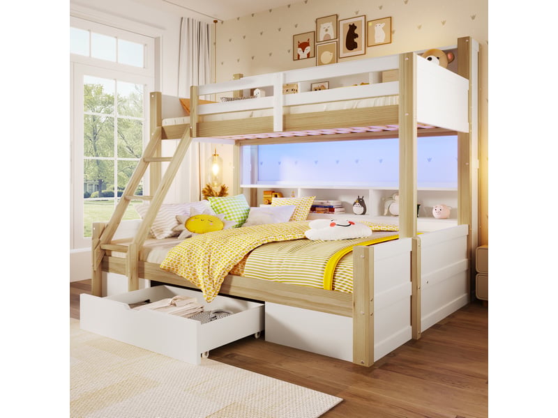  Lit superposé 90x200 cm et 140x200 cm avec rangements et led blanc naturel  - Conforama E