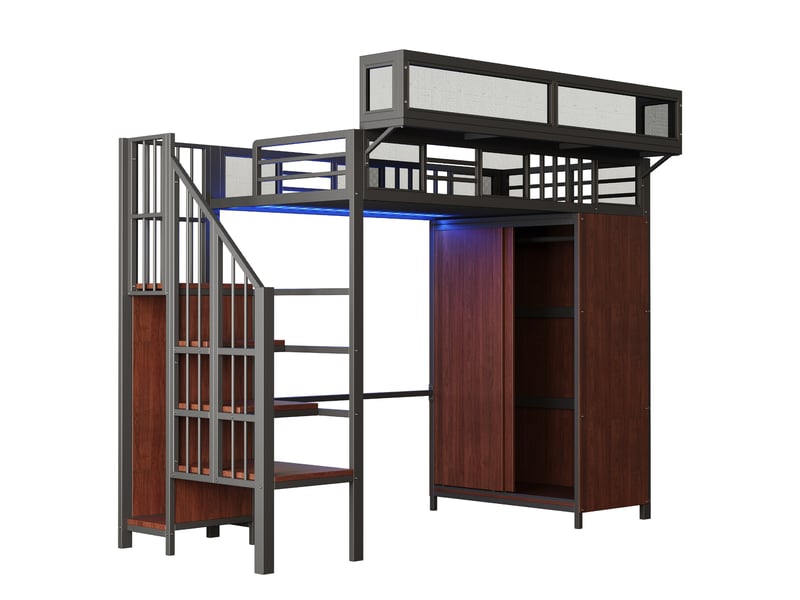 Lit mezzanine métal noir 90x200 cm, armoire, échelle de sécurité, led, filets et étagères amovibles - Conforama E