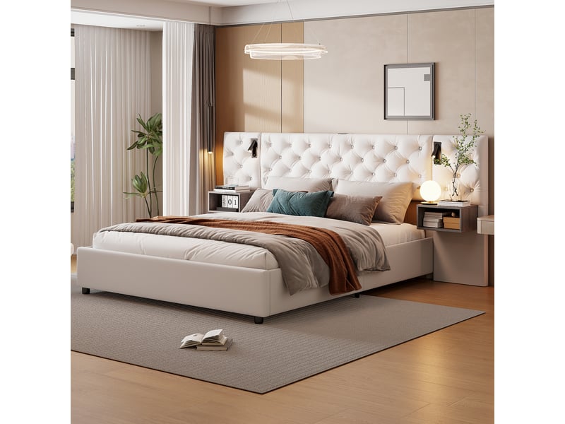  Lit rembourré 160 x 200 cm,lit enfant avec tête de lit de rangement, ports usb et type c,lit hydraulique avec éclairage led,velours, sans matelas  - Conforama C