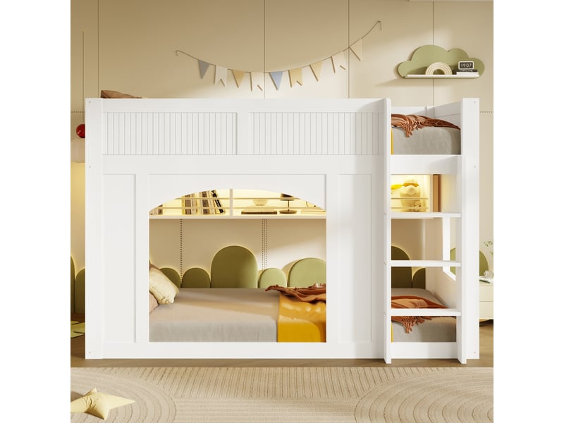 Lit mezzanine enfant 90x200cm blanc, bibliothèque intégrée, deux fenêtres, led multicolore et espace de jeu sous le couchage, pratique au quotidien - Conforama C