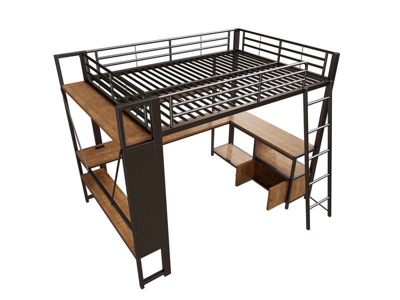 Lit mezzanine 140x200 cm métal noir avec led, bureau, rangements et usb - Conforama E