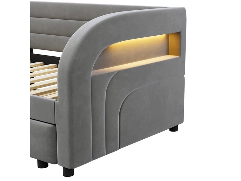  Lit banquette gigogne 90 × 200 cm, revêtement velours et led, gris  - Conforama E