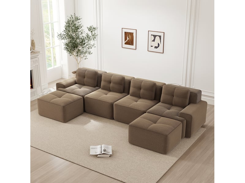  Canapé modulable en u 382x177x69 cm 4 places, mousse 32d, assise profonde 74 cm, en velours côtelé, marron  - Conforama E