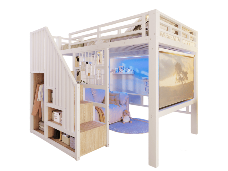  Lit superposé 140x200cm - structure métal robuste - étagères dans les marches - panneau latéral grille - support pour projecteur -led intégrée - blanc Seren Glow - Conforama A