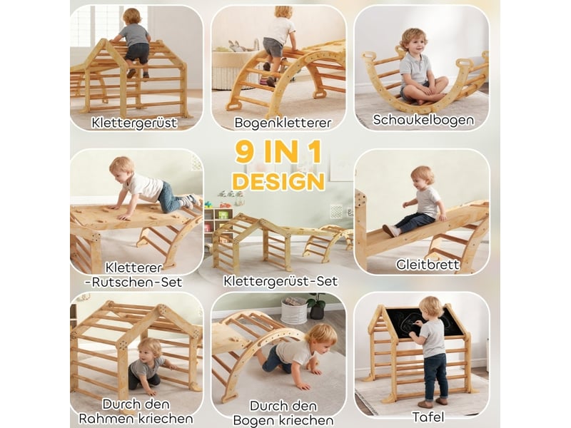  Jouet d’escalade 9-en-1 avec rampe, toboggan, arche à bascule et tableau en bois naturel 100 × 52,5 × 48 cm  - Conforama B