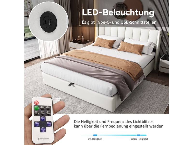 Lit rembourré 140x200 cm avec coffre hydraulique, éclairage led, usb et tête de lit réglable, pu blanc  - Conforama D