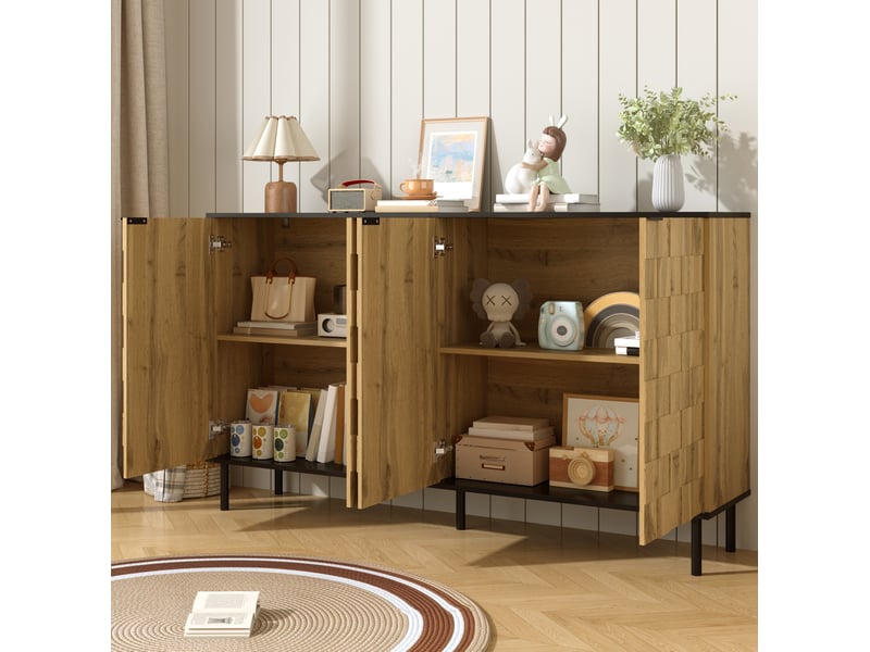  Buffet 160x35x80,5 cm, meuble de cuisine et salon, 4 portes, design mosaïque, panneau de particules naturel, rangement  - Conforama B