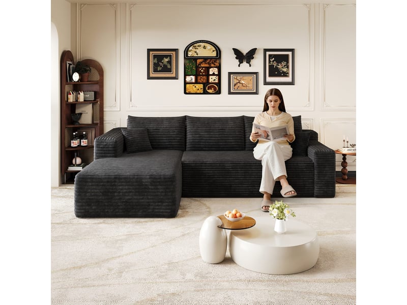 Canapé d'angle compressé 241x151x58 cm, assise profonde, velours côtelé, sans montage, mousse haute élasticité pour salon - noir - Conforama B