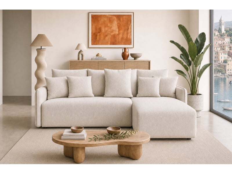  Portofino - canapé d'angle convertible tissu chenille 3 places beige  - Conforama B