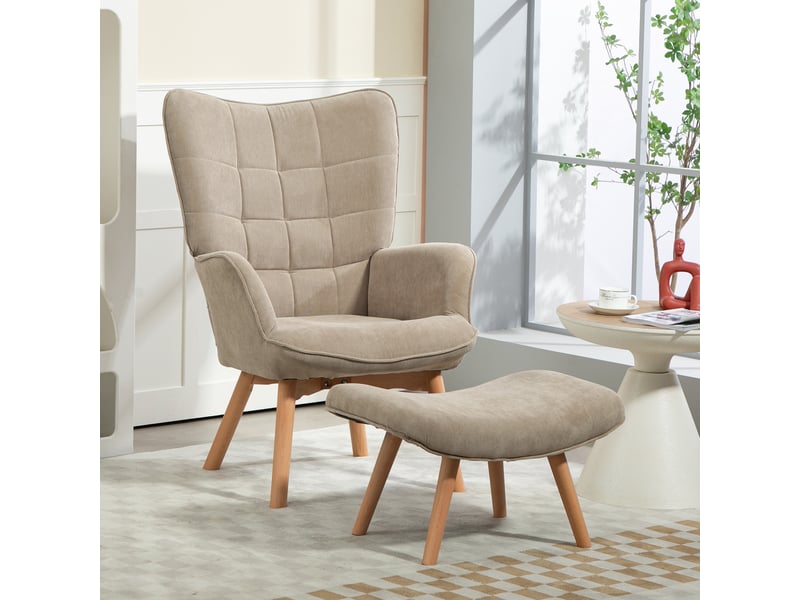  Fauteuil de salon avec repose-pied, dossier haut et accoudoirs, fauteuil d'appoint capitonné en velours côtelé, marron  - Conforama R