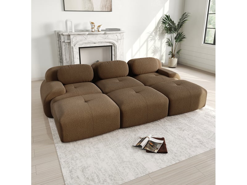  Canapé modulable modenvie 3 places avec 3 poufs en velours côtelé marron 298 x 178 x 70 cm  - Conforama B