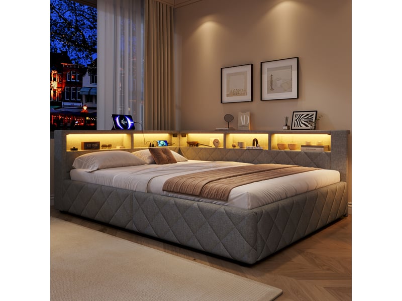 Lit coffre hydraulique 140x200 cm avec led, rangement ouvert et usb, tissu lin gris, structure mdf, sans matelas - Conforama W